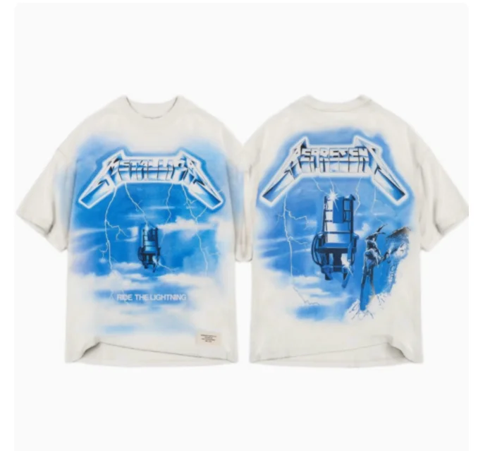 Represents Short-sleeved T-shirt Joint Metallica Print Men's and Women's Same American High Street Crew Neck Loose Retro Top 5