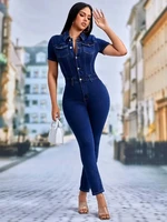 Jeans Stretch Jumpsuit Sexy Women Turn Down Collar Elegant Denim Casual Party Overalls Romper
