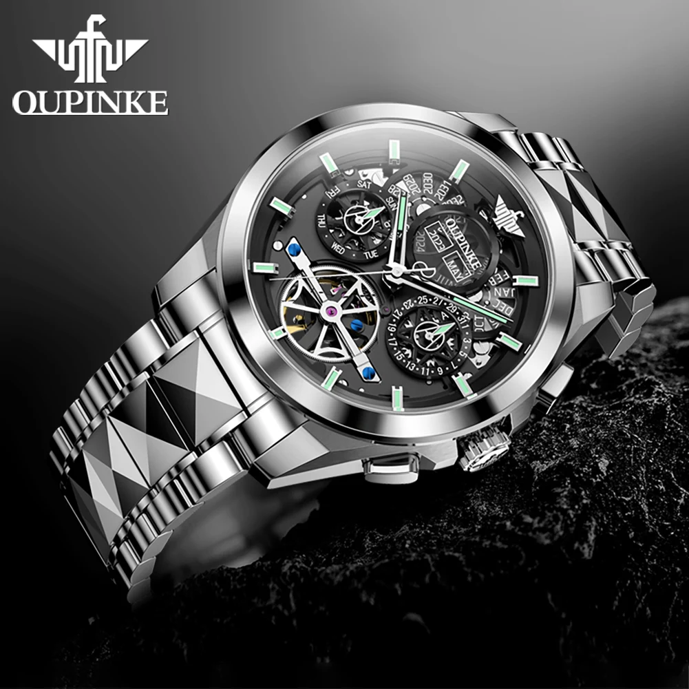 OUPINKE 3233 Men's Watch Hollow Skeleton Automatic Watch For Men 50M Waterproof Sapphire Mirror Date Man Mechanical Wristwatch