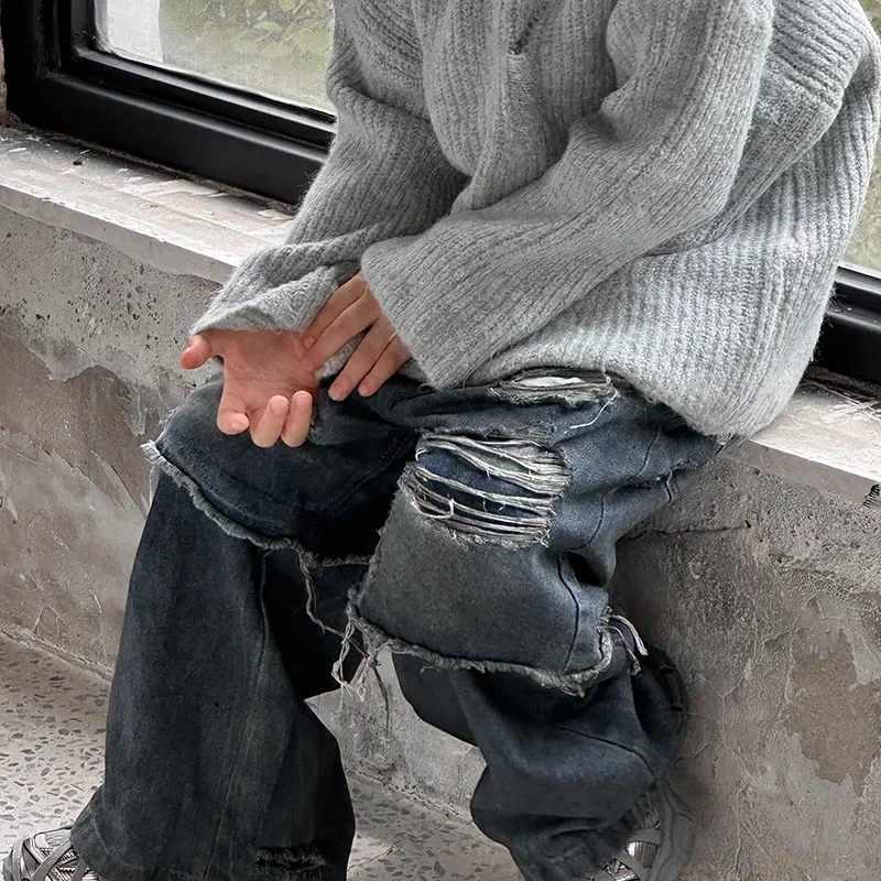 Children Clothes Kids Denim Pants Boy Personality Fashion Autumn New Jeans Casual Simple Kids Ripped Denim Pants