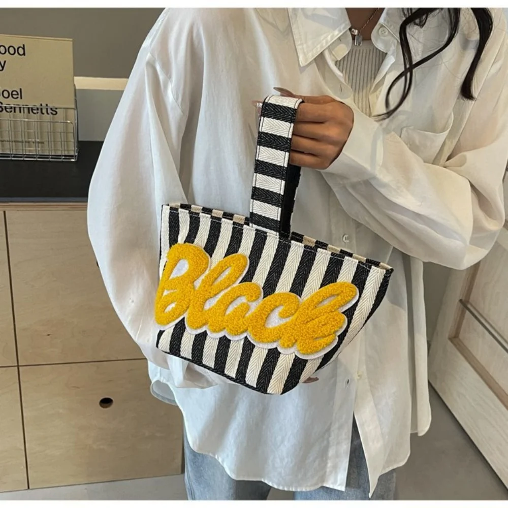 Summer Small Canvas Handbag Commuter Phone Bag Striped Buet Bag Faionable Versatile Handheld Bag for Young Women Girls