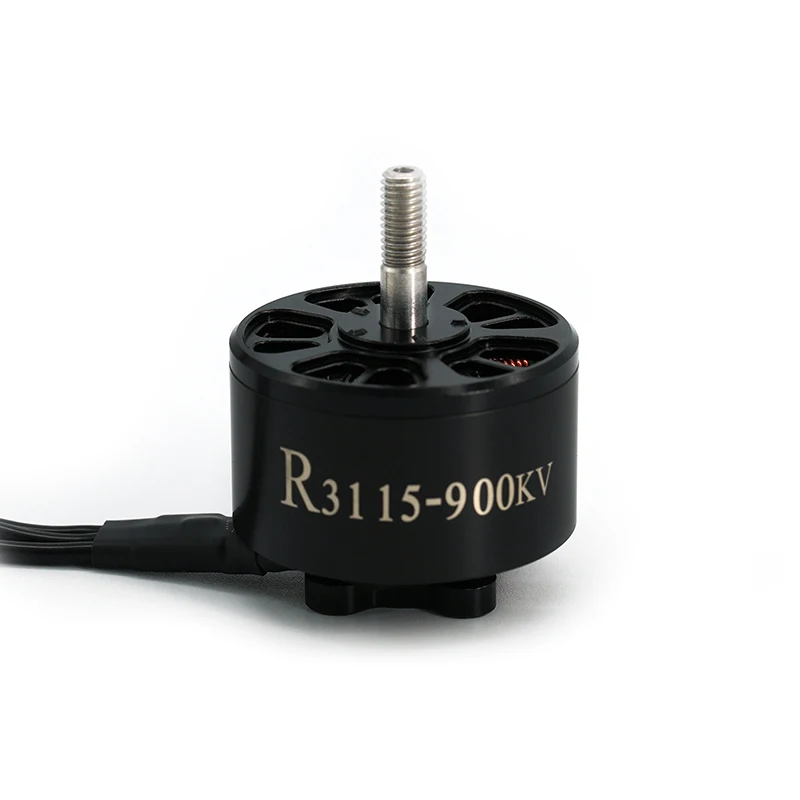 Moteur Brushless R3115 900KV 6S pour Drone FPV Course – Vue latérale avec base de montage et connecteurs