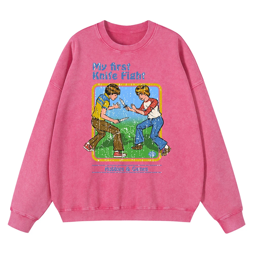 thumbnail image 1 of Sudadera con capucha holgada estilo hip hop para hombre, de algodón, con estampado vintage desgastado, con la frase "My First Knife Fight", cómics divertidos, para otoño, 1 of 4