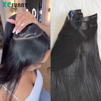 Seamless Straight Clip Ins Human Hair PU Clip In Hair Extensions Human Hair Double Drawn Skin Weft Clip In For Women 100g-240g 1