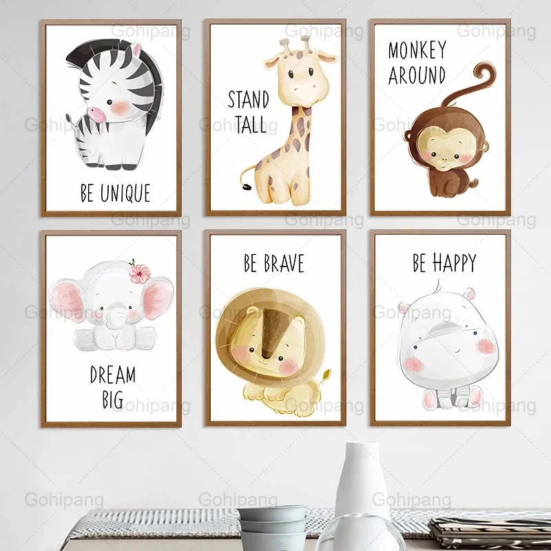 

Childern's Room Wall Decor Cartoon Lion Hippo Elephant Art Canvas Painting Home Wall Poster Living Room Decoration Wall Picture