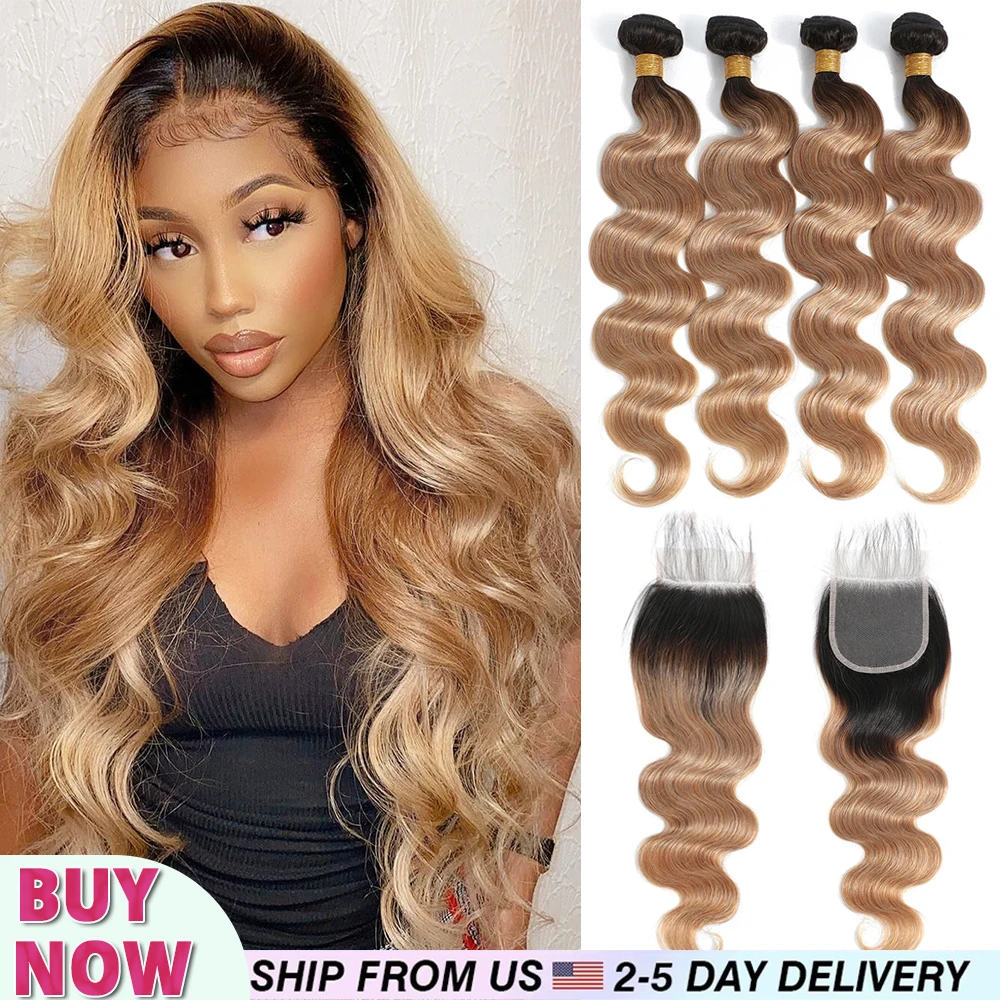 Human Hair Bundles Ombre Body Wave With Closure
