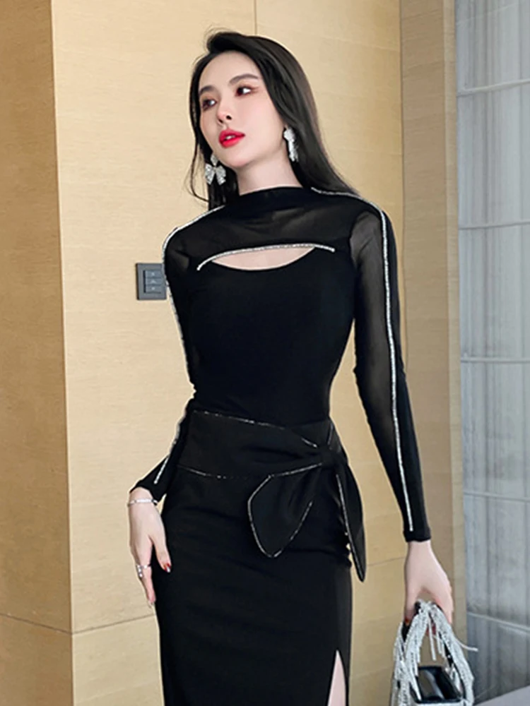 

Spring Mesh T-shirt for Women 2023 Elegant Casual Blouse Long Sleeve O-Neck Cut Out Hollow Diamonds Wild Tops Female Inner-Match