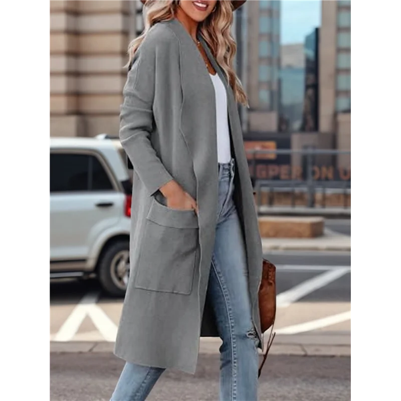B50B-여성용 오픈 프론트 니트 루즈 가디건 캐주얼 긴 소매 드레이프 니트 포켓 롱 재킷 스웨터 그레이 XXL