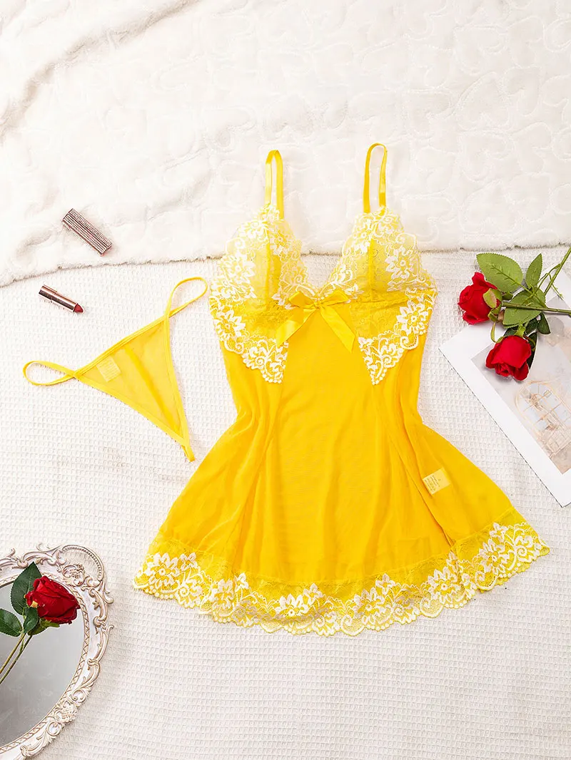 Transparent Summer Sexy Solid Slip Nightdress Contrast Lace Round Neck Backless Sleep Mini Dress Women's Sleepwear & Dresses