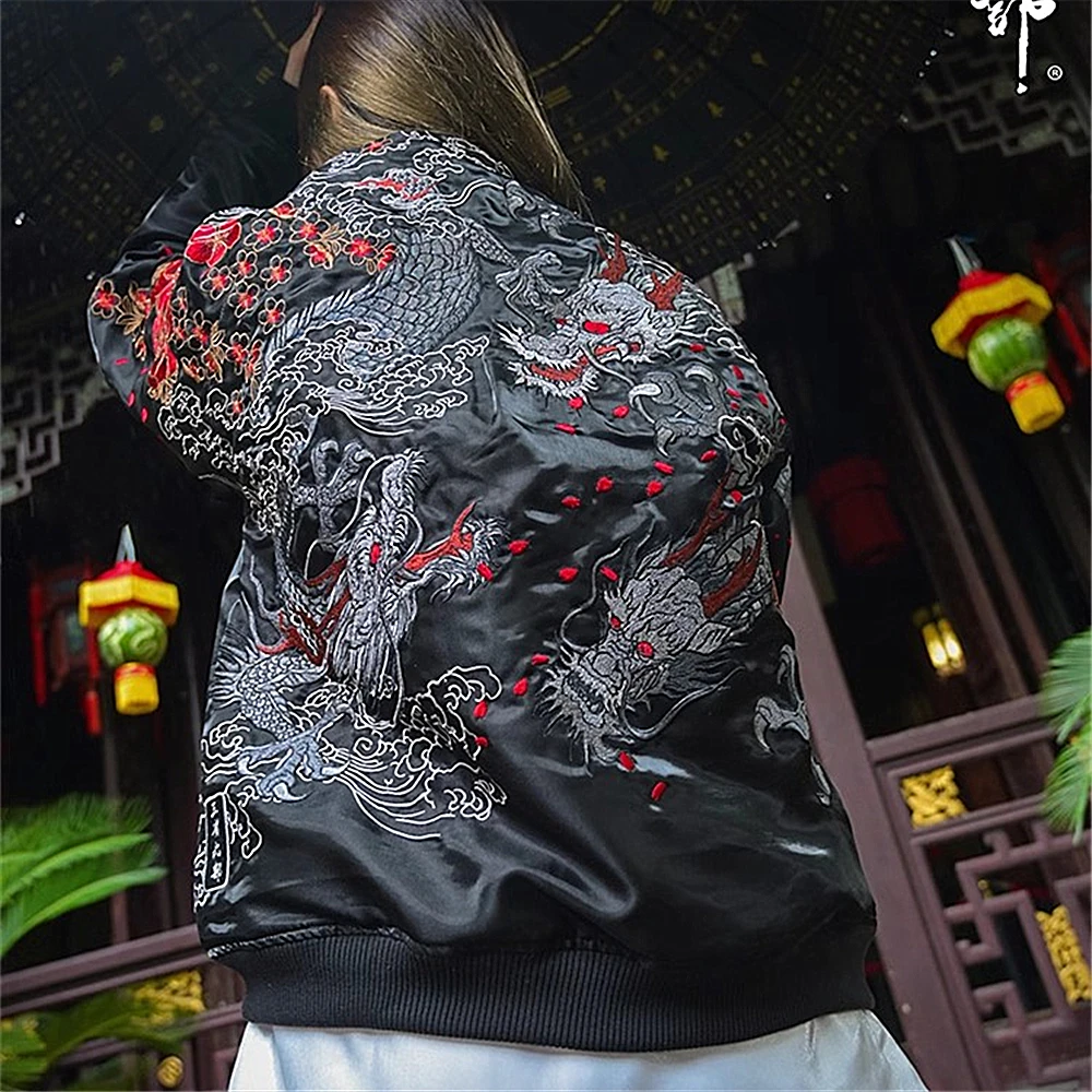 New Men Boys Black Dragon Peony Embroidered Reversible double-sided Sukajan Souvenir Jacket  2024 China Dragon Year Exclusive 6