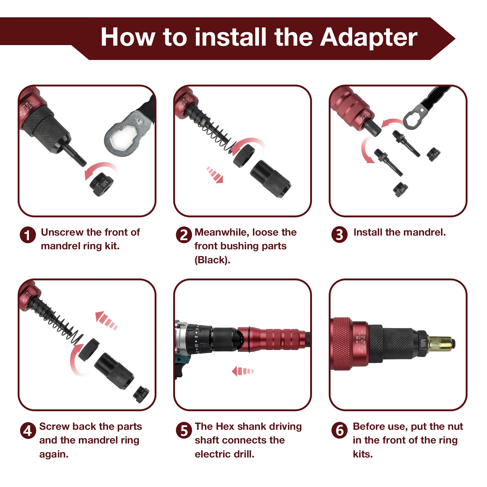 Metric+Imperial Thread Electric Rivet Nut Gun Adapter,Home Insert Nut Riveting Tool,Industrial Grade Alloy Riveting Tools