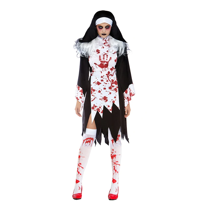

Scary Nun Cosplay Witch Horror Draculaura Halloween Costume for Woman Female Adult Fantasy Sexy Bloody Nun Cape Carnival Dress