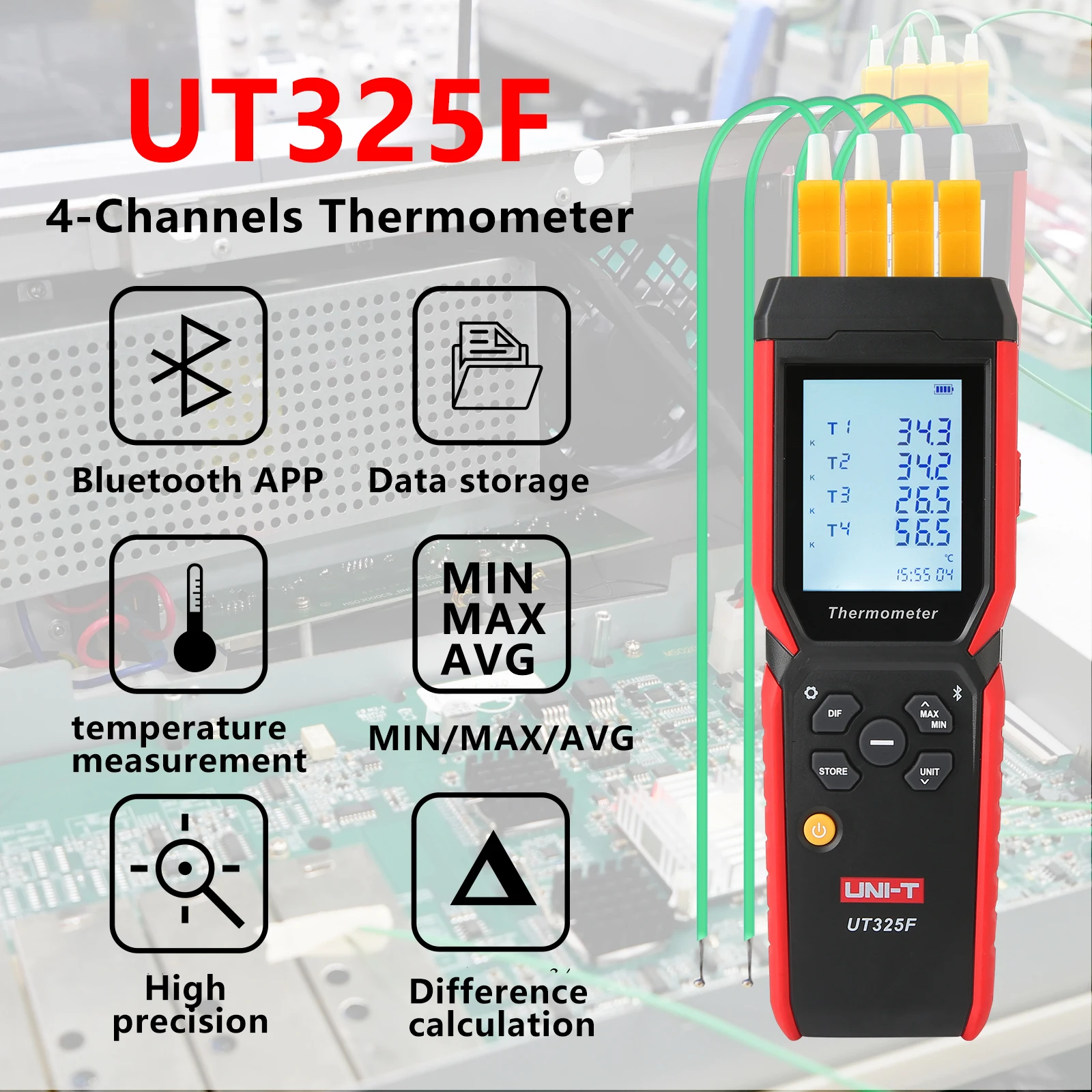 

UNI-T UT325F 4-Channel Thermometer Intelligent Bluetooth Digital Display Thermocouple Thermometer for K J T E R S N Type