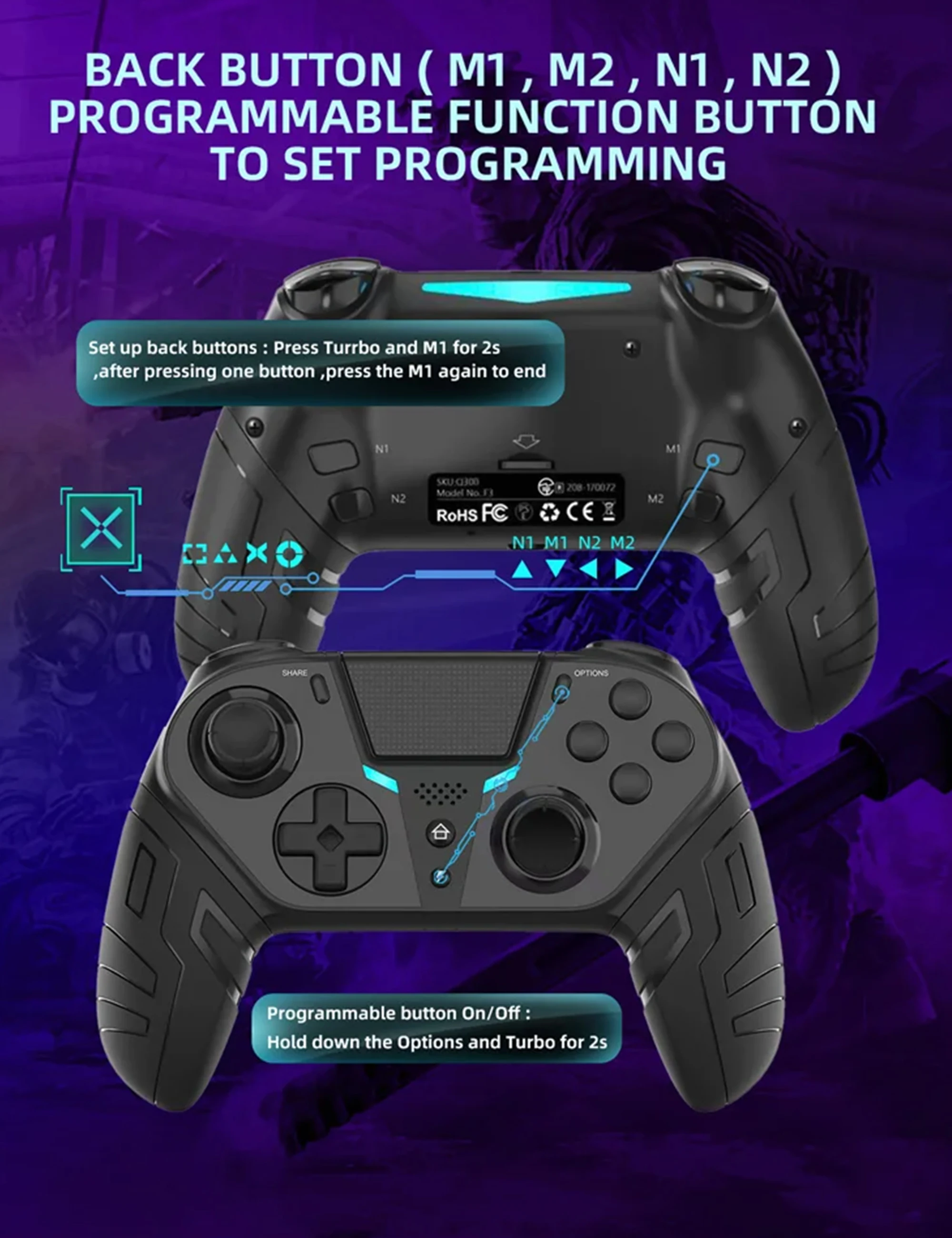 TJPD Wireless Controller for PS4, Wireless Remote Gamepad with Unique Cracked Design/8 Adjustable LED Colors/Programmable Back Buttons/Super Turbo/Dua Pa4 Controller TJPD 2 Pack For PS4 Controller, Wireless Controller