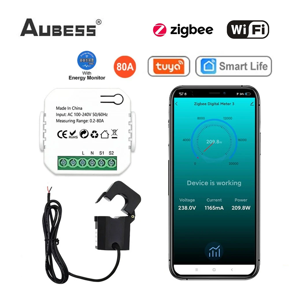 

Tuya Smart Life Zigbee WiFi счетчик энергии 80А с токовым трансформатором зажим кВт/ч монитор мощности электричество статистики 110В 230В
