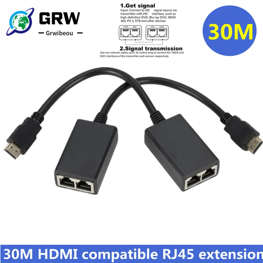 

HDMI Over RJ45 CAT5e CAT6 UTP LAN Ethernet Extender Repeater Supports 1080p Resolution up to at least 100ft (30M) using CAT6 cab