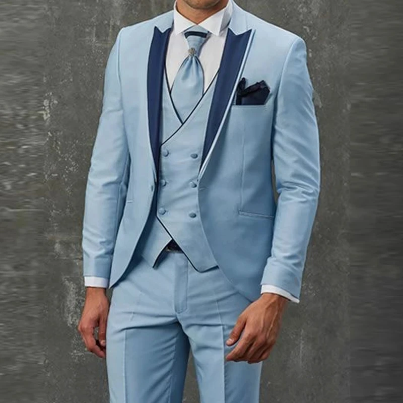 Fashion Men's suits Slim Fit Sky Blue Tuxedo Peak Lapel 3 Piece Suits Wedding Custom Groom Dinner Party Formal Costume