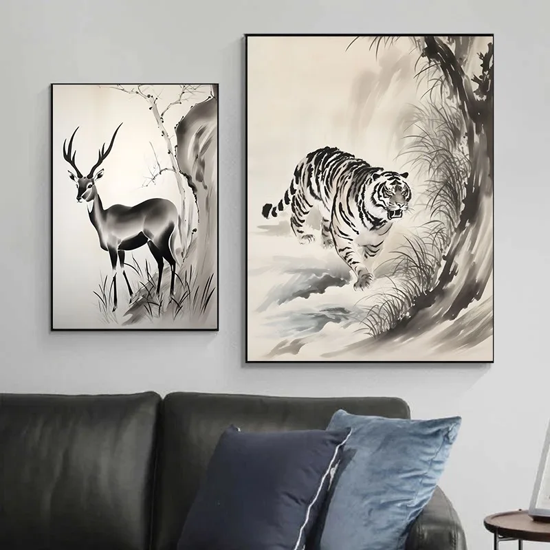 Blackboard Animal Art Poster Canvas Print Deer Zebra Elephant Animal Dark Wall Decor Country Aesthetic Decorative Gifts
