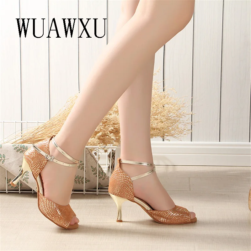 NATASHA Fish Mouth Latin Dance Shoes Women's Adult Soft Sole Gold Genuine Leather Medium Heel 7.5cm Professional Square Social D