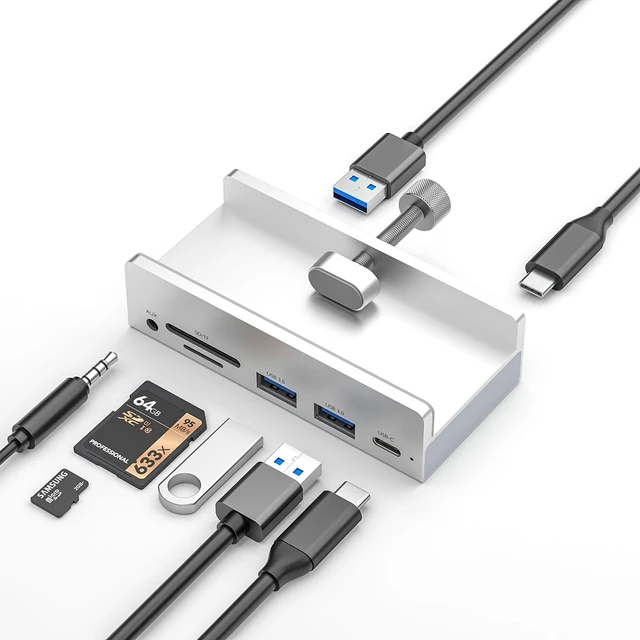 USB C HUB Docking Station Mount on Desk Computer 3.5mm AUX Type C Cable Micro SD Card Reader Disk Data Transfer Charge Dock