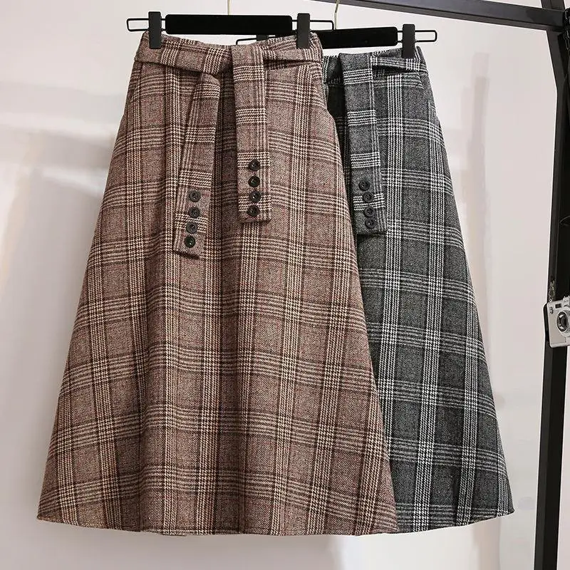 

Winter Thick Plaid Wool Midi Skirts Sashes Vintage Warm A-Line England Style Checkered Skirts