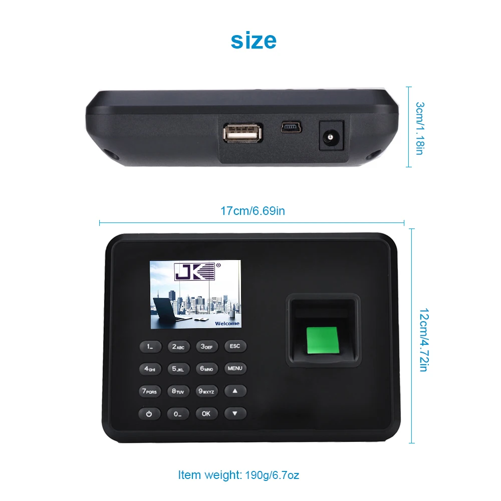 Intelligent Biometric Fingerprint Password Attendance Machine Employee Checking-in Recorder 2.4 inch LCD Screen DC 5V Time