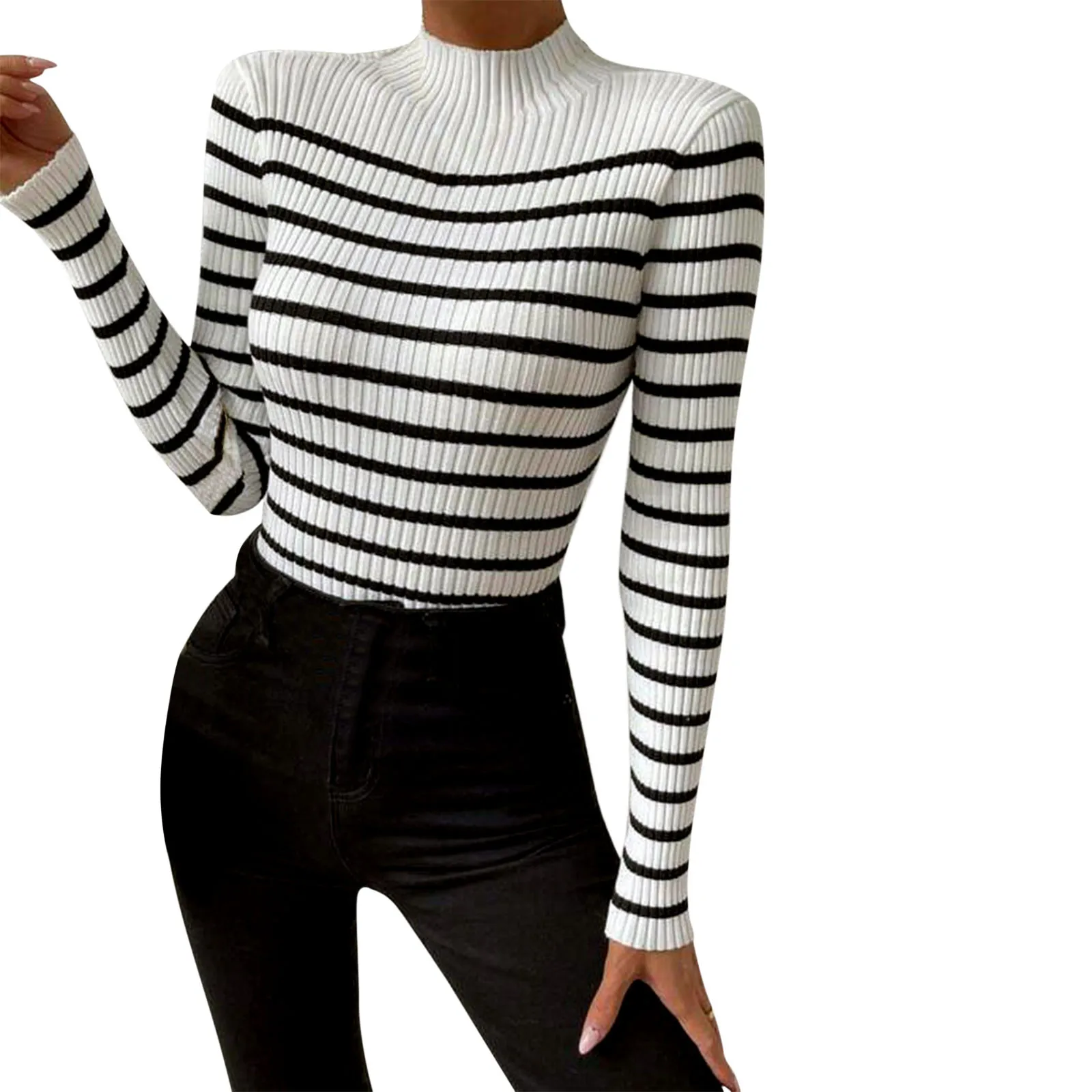 Women's Sweater Long Sleeve Striped Turtleneck 2