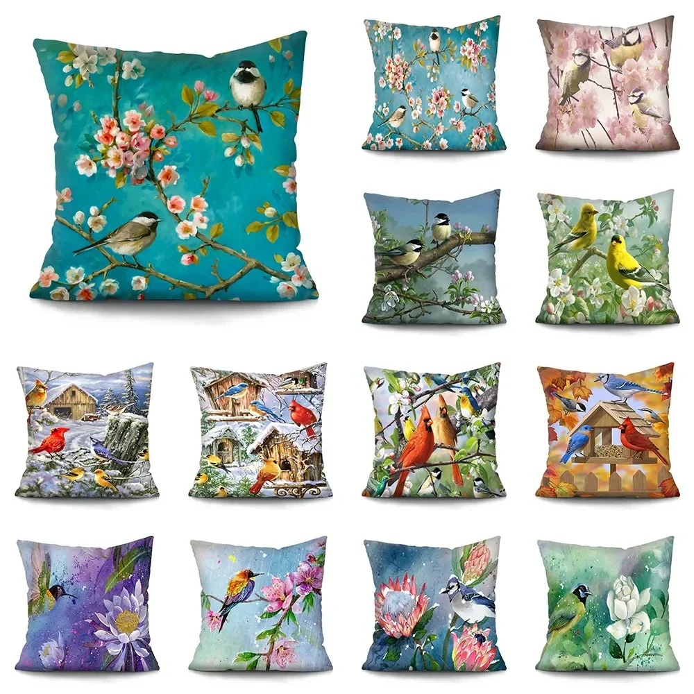 

Winter Botanical Cushion Cover Birds Oil Painting Deluxe Print Geometric Animal Pillow Cover Reversible Decorative 2024 DF1915