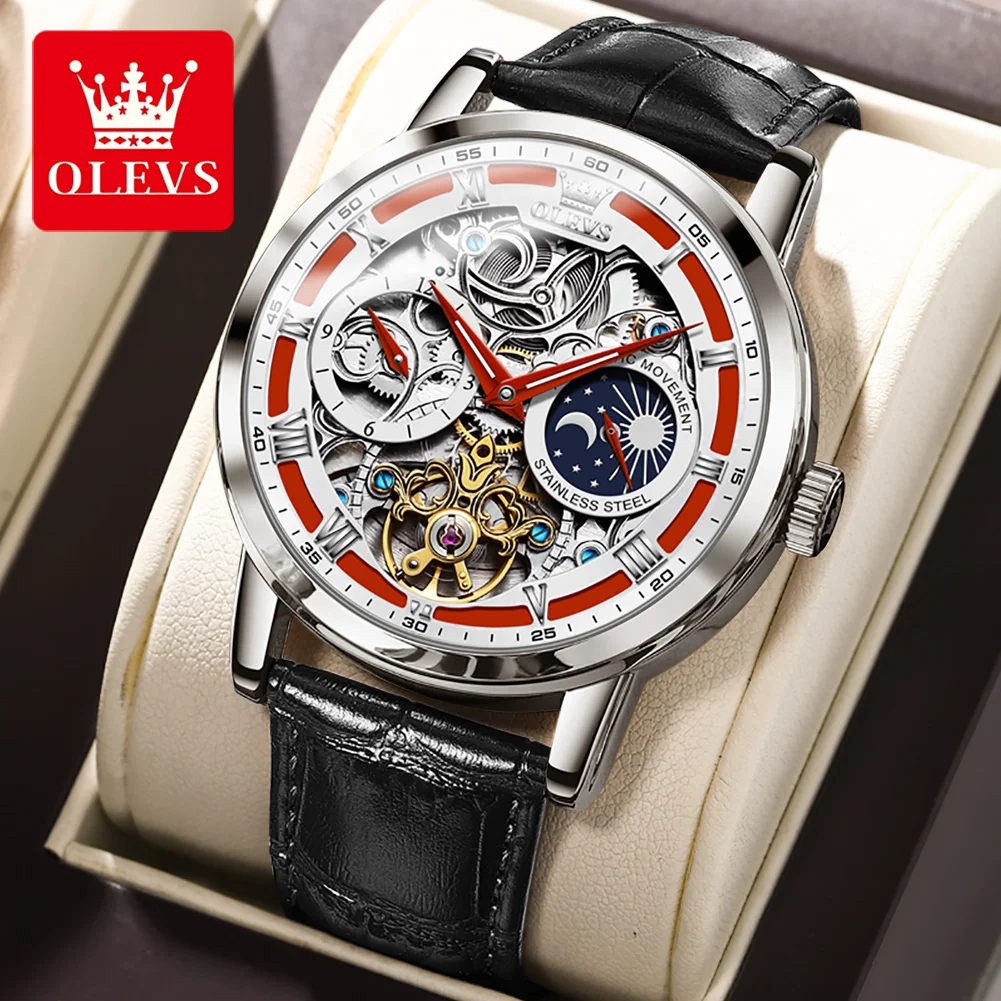 

OLEVS Brand New Luxury Moon Phase Tourbillon Watch for Men Leather Strap Waterproof Fashion Skeleton Mechanical Watches Mens