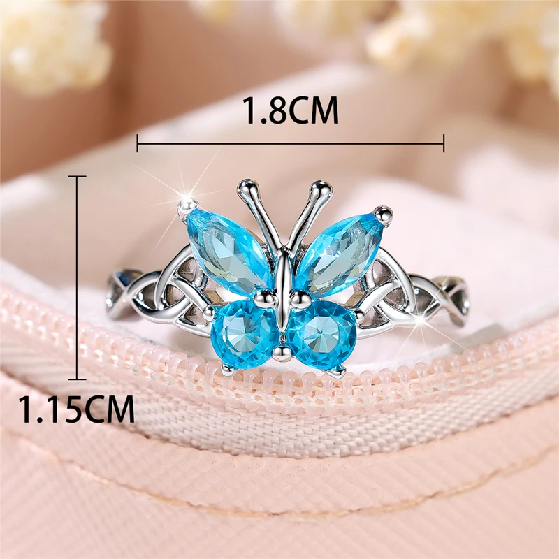 Luxury Female Aqua Blue Zircon Stone Butterfly Engagement Ring Silver Color Wedding Jewelry For Women