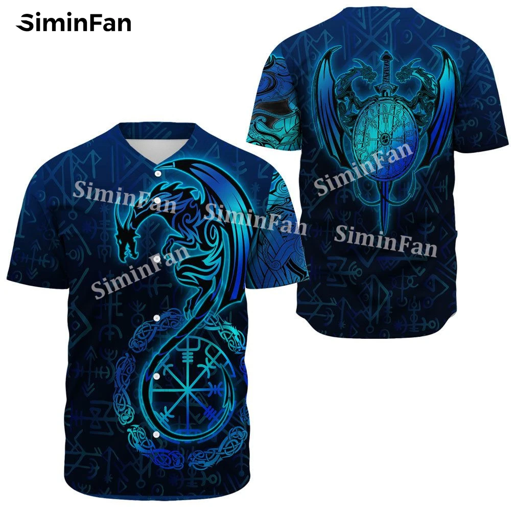 

Дракон-Викинг Vegvisir синяя мужская бейсбольная Футболка с 3D именем на заказ, мужская летняя футболка без воротника, унисекс футболка