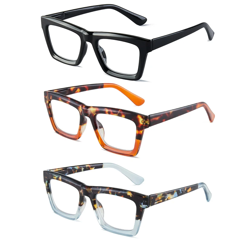 Three pairs of stylish and comfortable large-framed reading glasses, blue light protection, suitable for both men and women