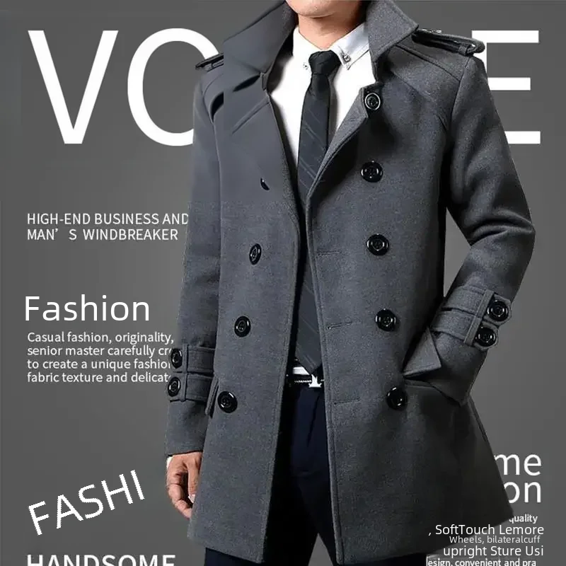 Winter Woolen Double-breasted Trench Coat For Men Medium-length Slimming Overcoat British Style 3