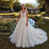 ANGEL Beach Wedding Dresses Appliques Straps V-Neck Bridal Party Gowns Backless Sweep Train robe de mariée fluide Custom Made 1