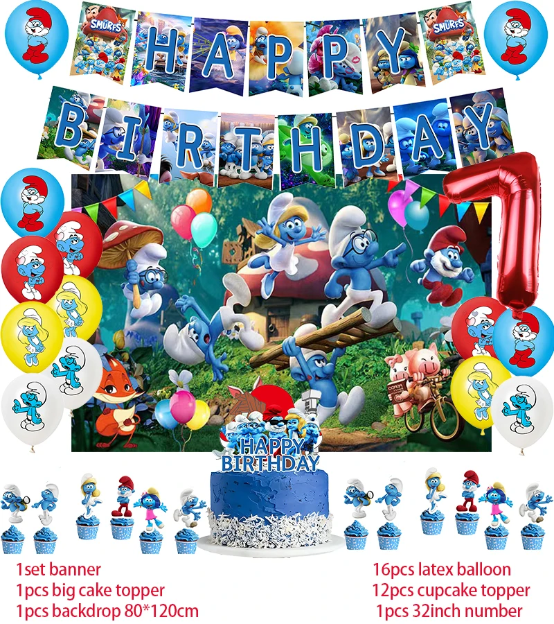 thumbnail image 1 of Decoración para fiesta de cumpleaños de Los Pitufos, pancarta con globos, fondo, adorno para tarta, suministros para fiesta de cumpleaños de Los Pitufos, baby shower, 1 of 5