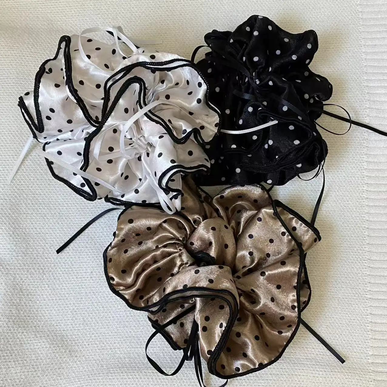 1PC Polka Dot Ruffled Scrunchies Satin-like Fabric Multicolor Hair Ties Elegant Vintage Hair Accessories For Women Girls Daily