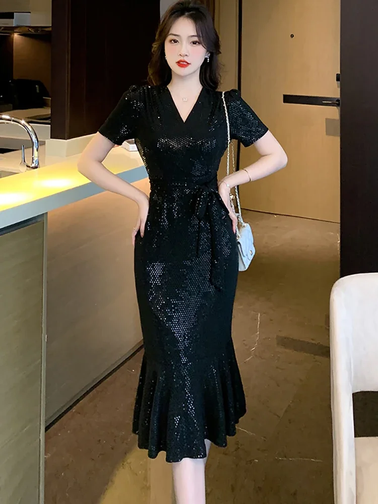 

2023 Black Sequins Slim Ruffled Mermaid Dress Purple Dress Party Evening Elegant Luxury Celebrity Women Summer Korean Prom Dress