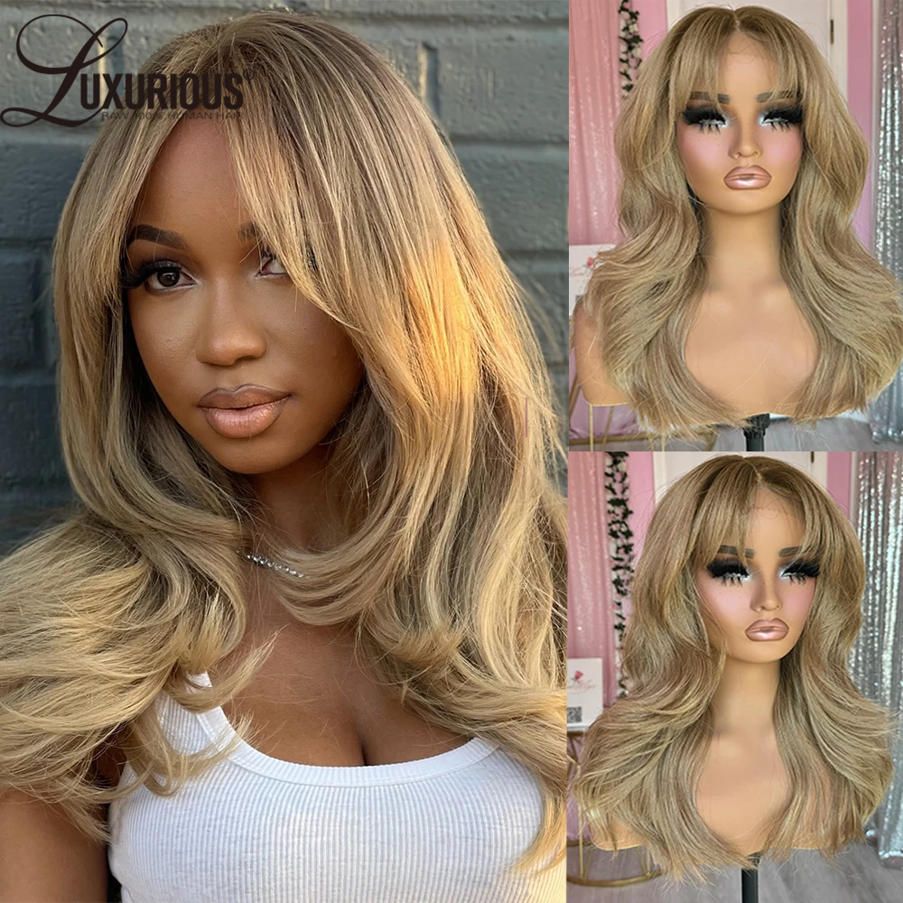 Honey Blonde Inspired Layered Colored Human Hair Wigs Pre-Cut Lace Wig 13x4 Lace Front Wig Put On And Go With Curtain Bangs