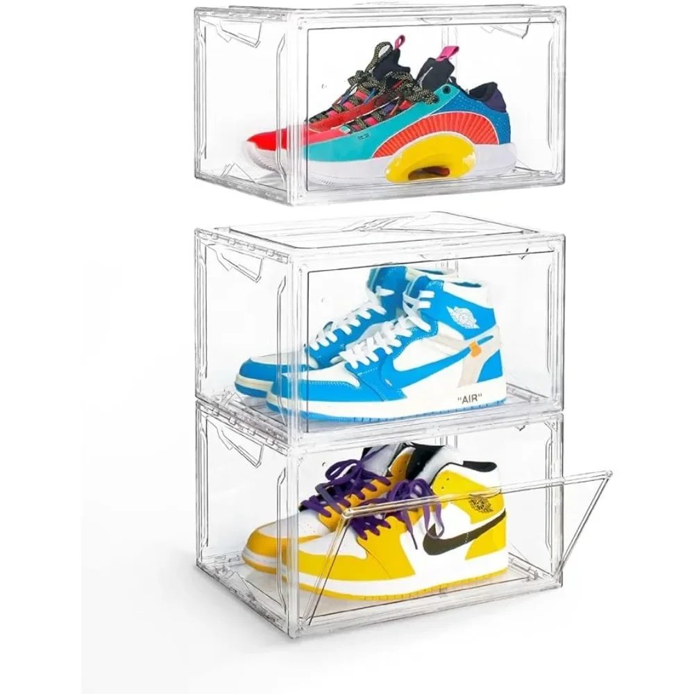 

Полная прозрачная акриловая коробка для хранения кроссовок, органайзер для демонстрации, стеллажи для обуви, 3 упаковки, коробка для хранения обуви с крышками, магнитная дверная стойка