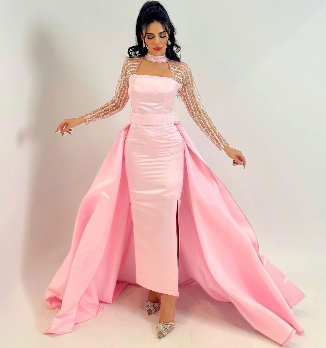 

VD Pink Ankle Length Sheath Prom Dresses Halter Square Neck Beaded Long Sleeves Evening Dress Detachable Train Vestidos De Noche