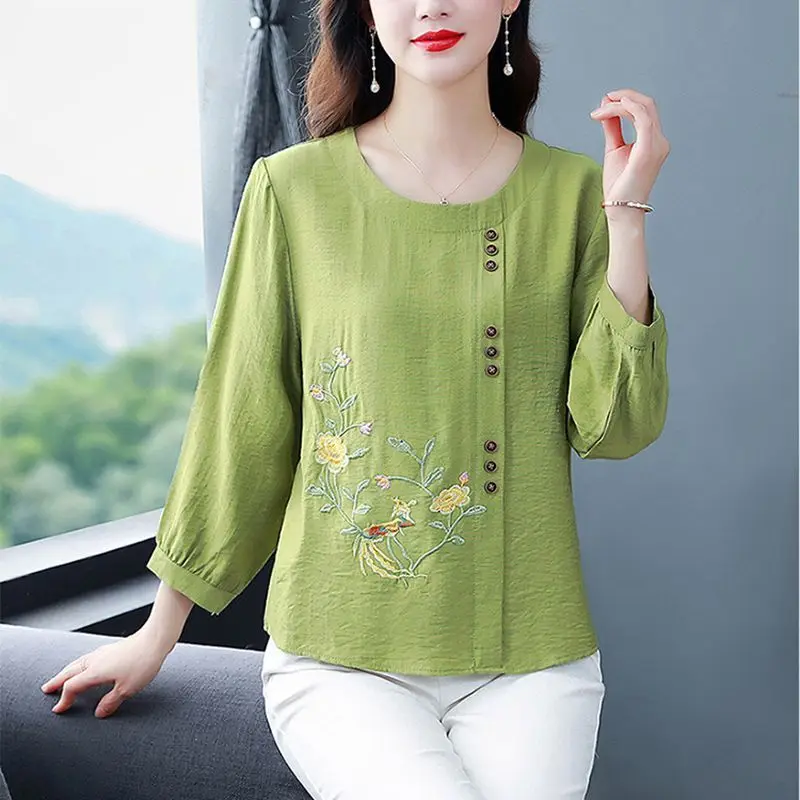 여성용 빈티지 자수 블라우스, 우아한 패션, 3/4 소매, 루즈 셔츠, O넥 단색 코튼 린넨 탑, 중국 스타일, 신상