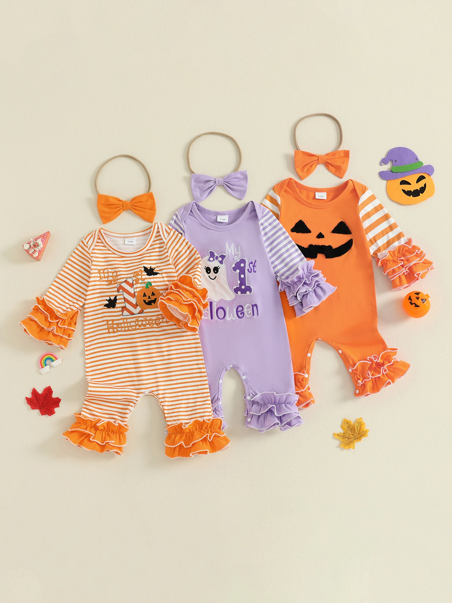 Baby Mädchen Halloween Strampler Kürbis Geist Stickerei Gestreifte Langarm Overalls und Niedliches Stirnband Set für Kleinkinder – Detail 2