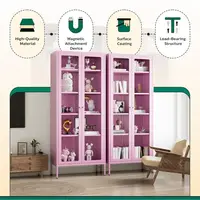 5-Tier Metal Glass Display Cabinet, Tall Curio Storage with Pink Steel Shelves, Ideal for Home Office, Living Room, Pantry 4