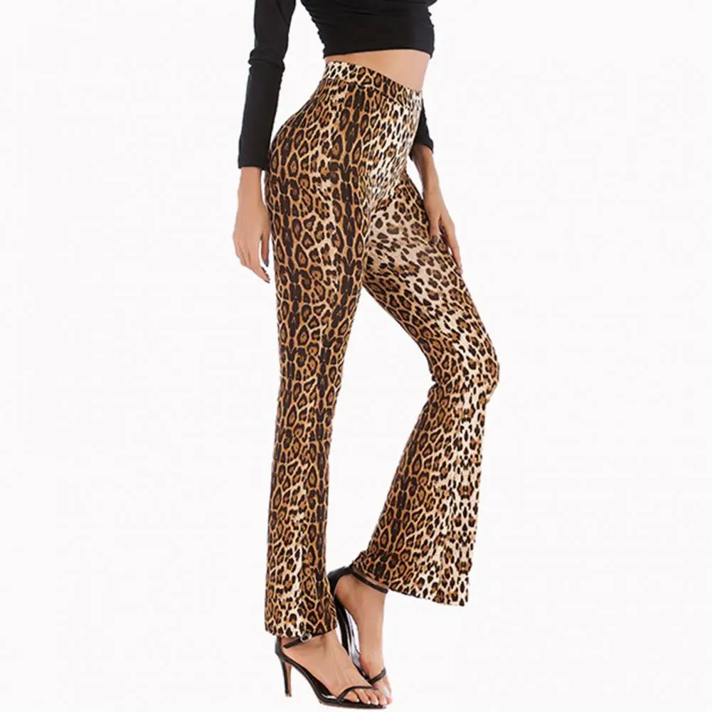 Long Trousers Leopard Print Flared Hem Yoga Pants For Women High Elastic Waist Slim Fit Breathable Stretchy Ankle Length