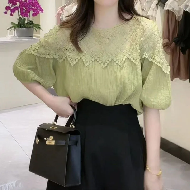 여성용 레이스 접합 반팔 블라우스, 올매치 단색 라운드넥 셔츠, 여성 의류, 우아한 패션, 한국 여름