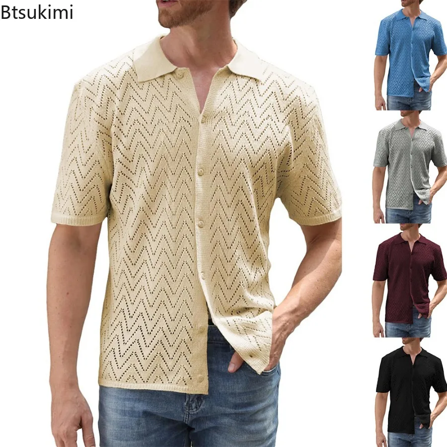 

Повседневный вязаный кардиган для мужчин, Однотонная рубашка с короткими рукавами и отложным воротником, трендовая уличная одежда, ажурные универсальные топы для мужчин, лето