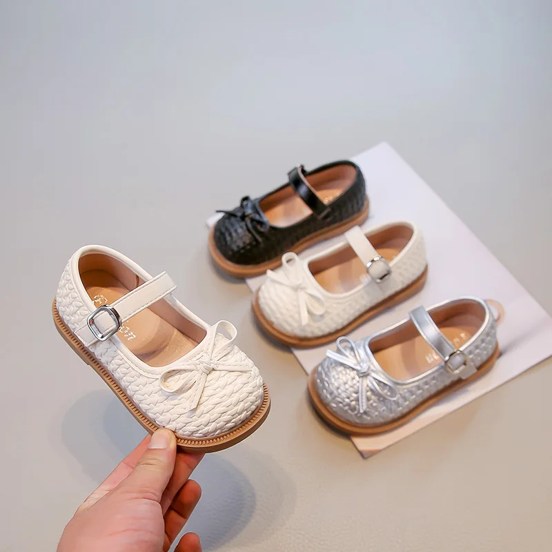 Girls Leather Mary Jane Flat Shoes with Fairy Bowknot