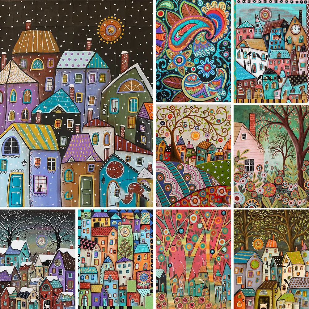 Cross Stitch Kit Landscape Cartoon House Printed Canvas Cross Stitch Complete Kit Embroidery Craft Hobby Handicraft Sewing Magic Different Floss