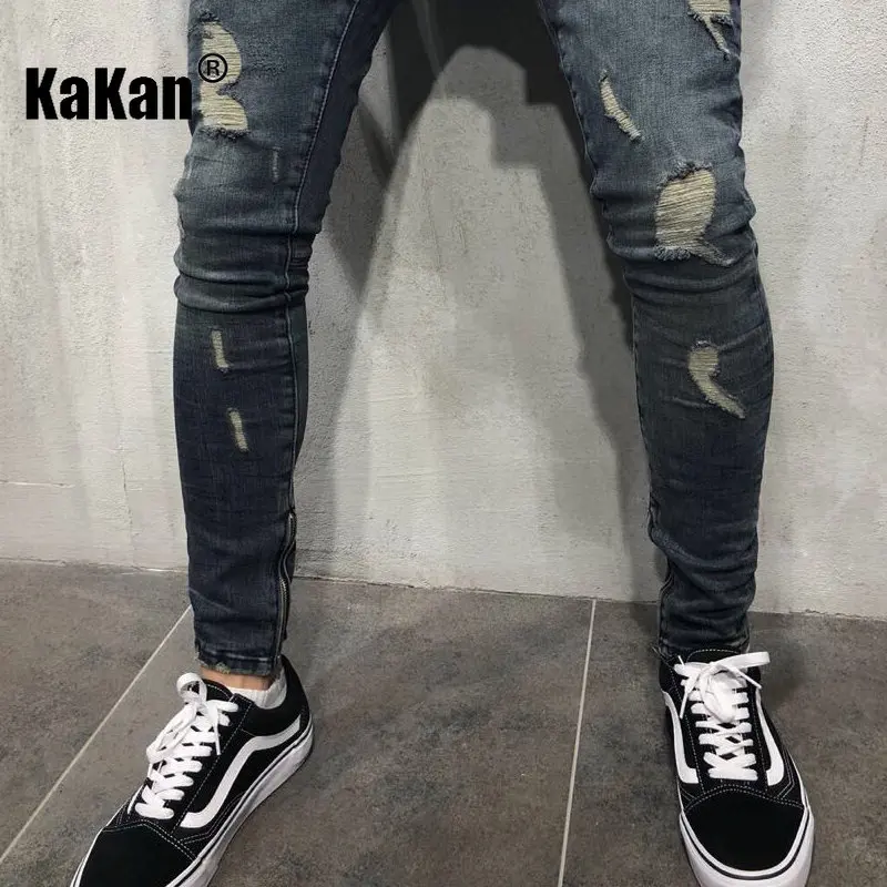 Kakan - European and American Distressed Jeans for Men's Wear, with Zippered Fit At The Hem and Small Leg Jeans K40-103