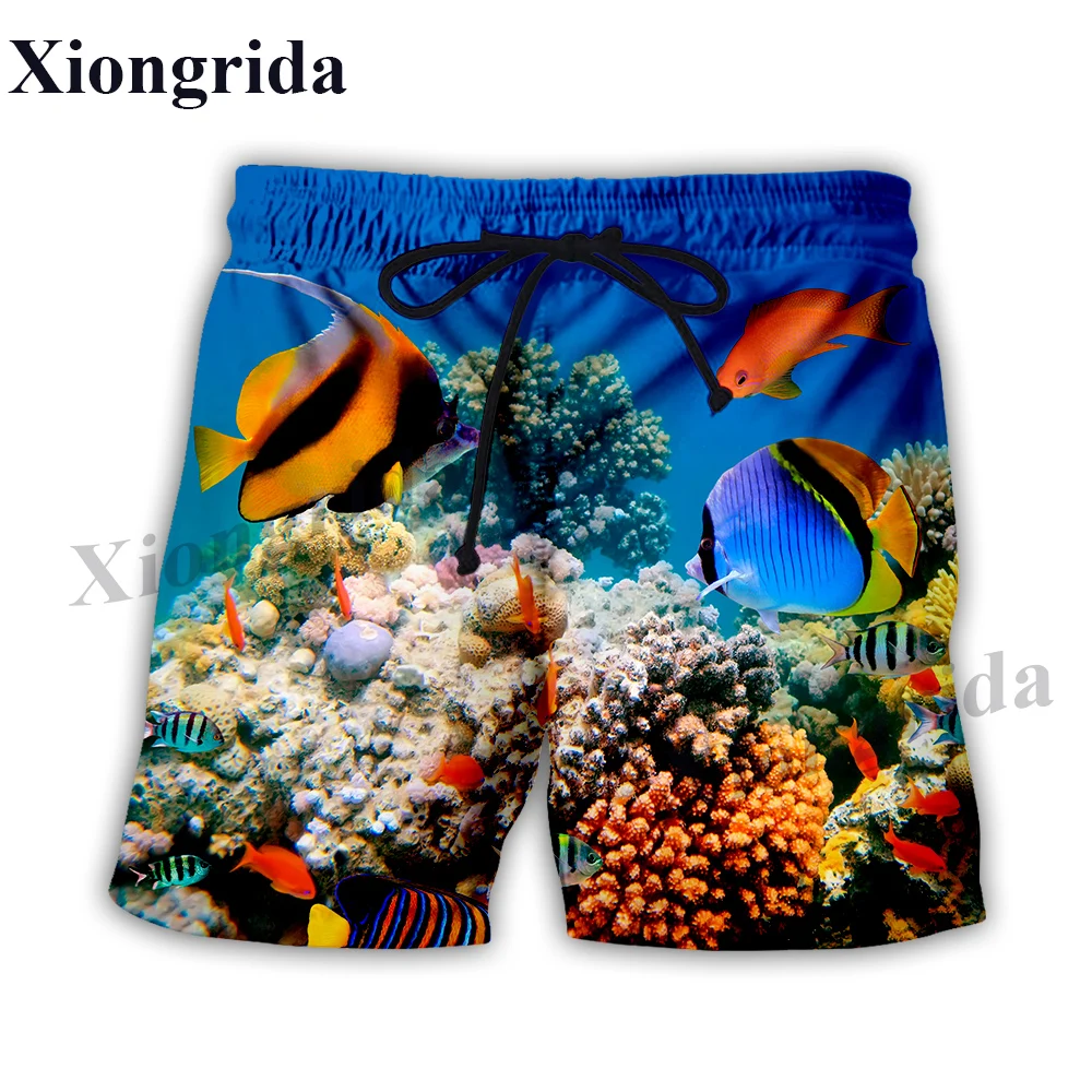 Novelty Fish Print Shorts Men Elastic Waist Beach Shorts Summer Harajuku Casual Shorts Tropical Fish All Over Print Sports Short